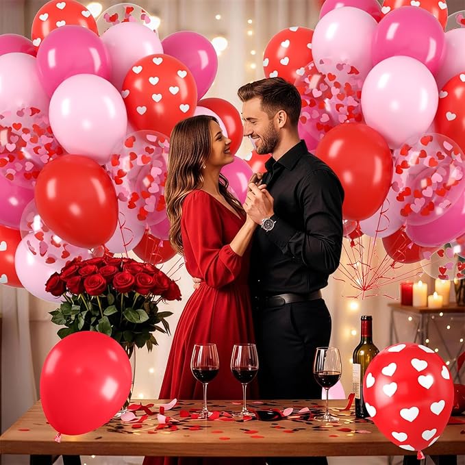 Red and Pink Balloons, Valentine's Day Balloon with Red Pink Heart Printed Confetti Latex Balloons For Valentine Party Birthday Baby Shower Party Wedding Bridal Anniversary Engagement Decorations