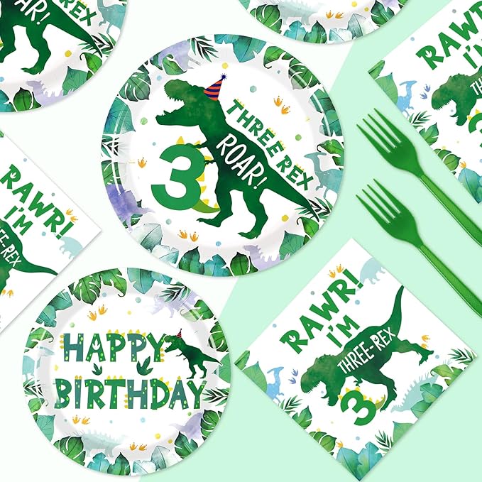 Grencian 96 PCS Dinosaur 3rd Birthday Party Supplies 350 GSM 3 Rex Dinosaur Plates and Napkins Tableware Set for Three Rex Birthday Decorations Boy Dino 3 Year Old birthday Party Decorations Serves 24