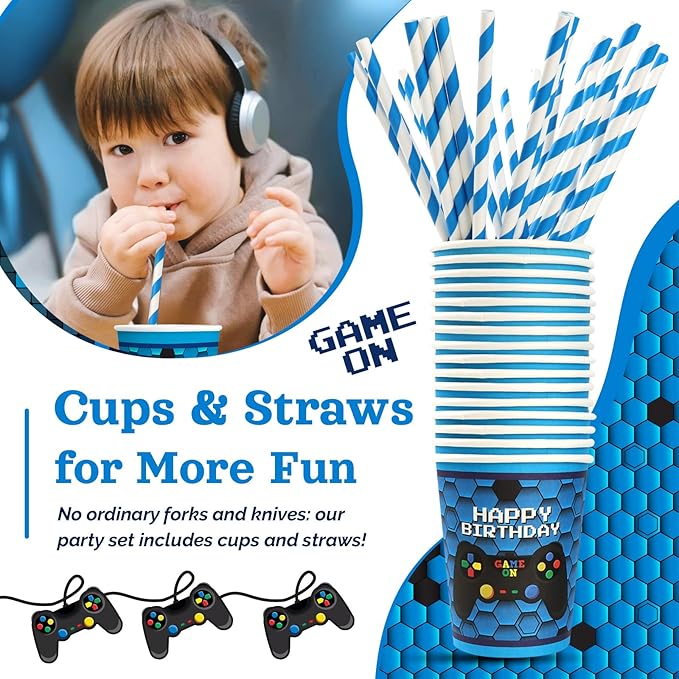Video Game Birthday Party Decorations, 120Pcs Gaming Party Supplies Disposable and Engaging Tableware Includes Paper Plates, Napkins, Cups and Straws | Serves 24