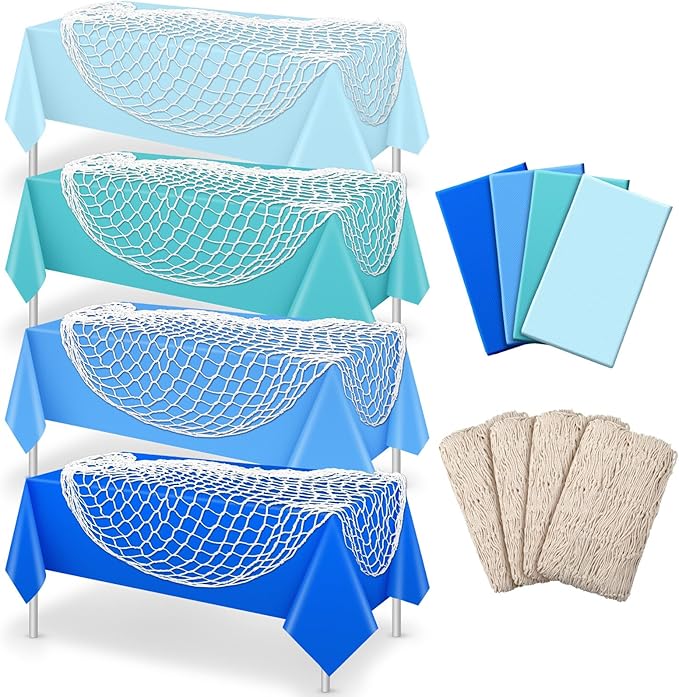 Unittype 8 Pcs Fish Net Decorative and Tablecloth Set, Cotton Fishnet and Plastic Table Cover Decorations Set for Nautical Themed Party Baby Shower Pirate Decorations Mermaid Party (Natural Colors)