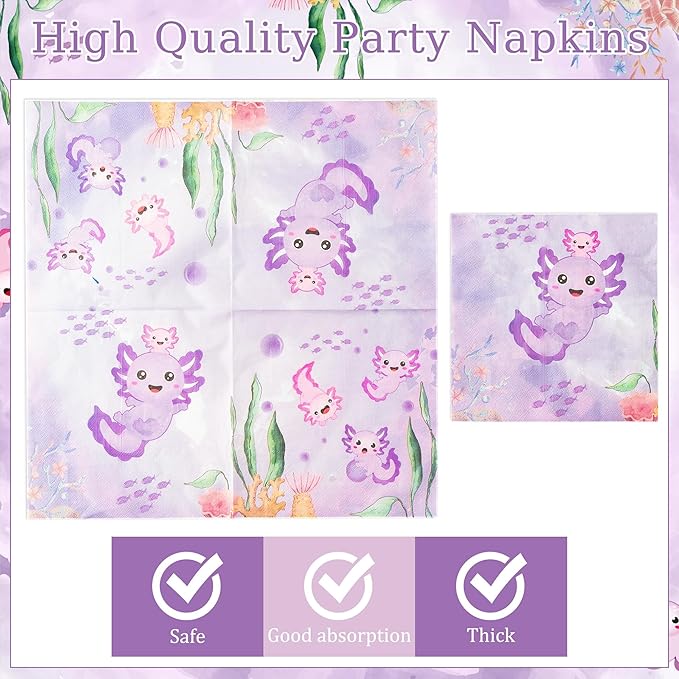 96Pcs Purple Axolotl Cute Cartoon Animals Party Plates Supplies Tableware Decorations Disposable Paper Plates Napkins Forks for Kids Birthday Baby Shower, Serves 24