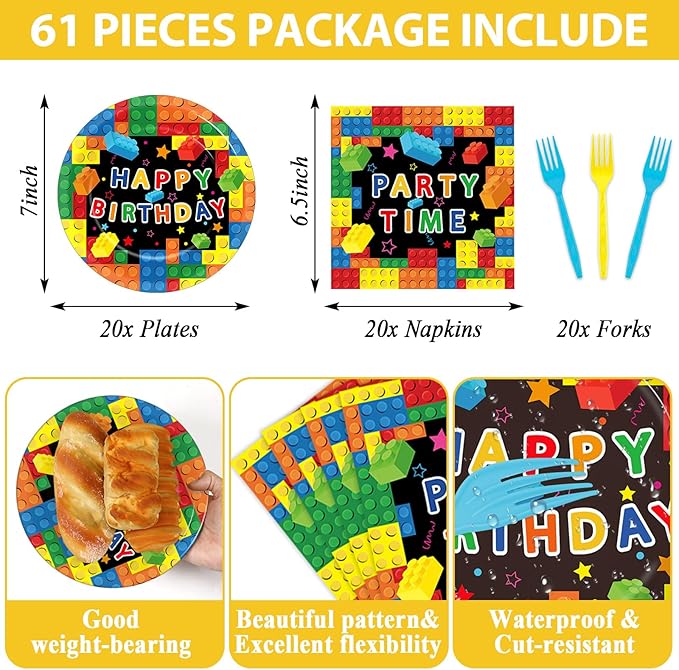 gisgfim Building Blocks Birthday Party Supplies Paper Plates Napkins Colorful Building Block Party Tableware Set for Boys Kids Birthday Decorations Includes Plates, Napkins, Tablecloths Serves 20