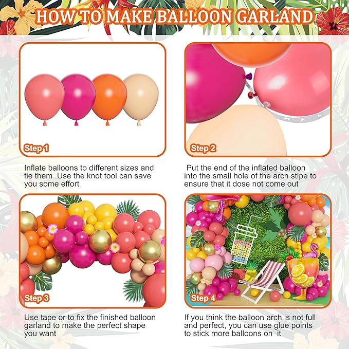 Ouddy Life 178Pcs Tropical Balloons Arch Garland Kit, Luau Tropical Party Decorations with Aloha Pineapple Coconut Hot Pink Aqua Blue Balloons & Palm Leaves for Hawaiian Summer Birthday Supplies
