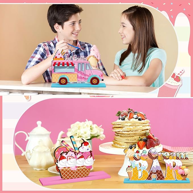 6 Pcs Ice Cream Table Wooden Decorations Ice Cream Sign Centerpiece Summer Home Decor Bar Party Decorations for Kids Birthday Party Summer Wedding Supplies