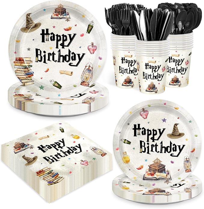 168pcs Magical Wizard Plates Napkins Birthday Party Decorations Disposable Paper Cups Tableware Set Magical Party Supplies for Kids Boys Birthday Decor 24 Guests