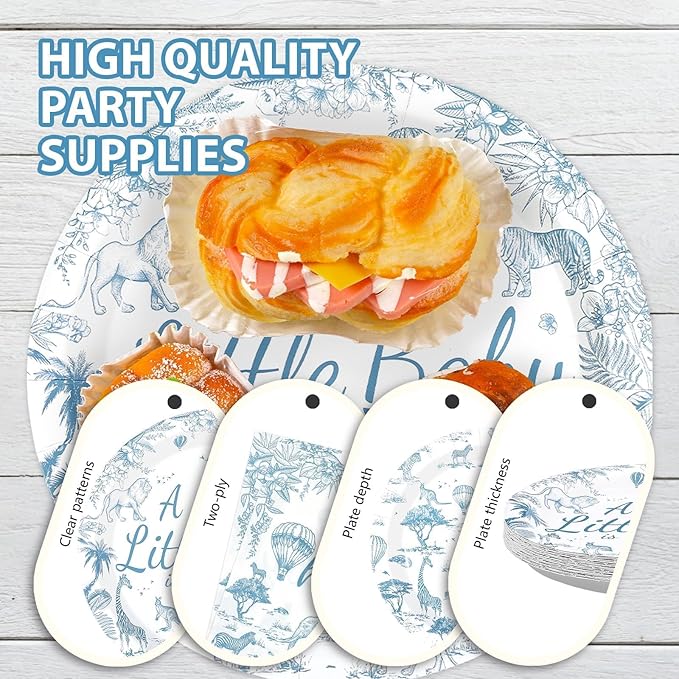 96Pcs Blue Safari Animals Baby Shower Decorations Toile De Jouy Plates and Napkins Baby is on The Way Tableware for Chinoiserie Baby Shower Gender Reveal Party Supplies Serves 24