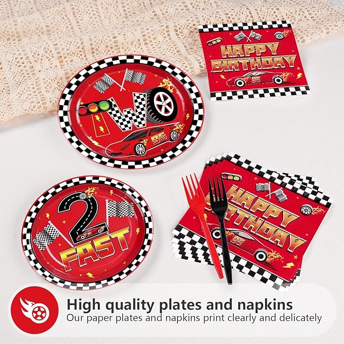 Grencian 96Pcs Race Car Two Fast Decorations 2nd Birthday Party Plates and Napkins Racing Themed Disposable Tableware Set for 2 years old Boys Transportation Birthday Party Serve 24