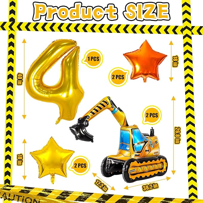 Construction Balloons, Self Standing 4D Excavator Balloon, Golden and Orange Star Balloon, Number 4 Foil Balloons for Kids 4th Birthday Party Decorations Supplies.(4th)