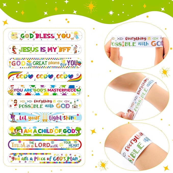 Frienda 40 Pcs Bible Verses Religious Christian Slap Bracelets for Kids VBS Jesus Love You Wristband Inspirational Motivational Nativity Slap Bracelet Sunday School Supplies He Is Risen(Inspirational)