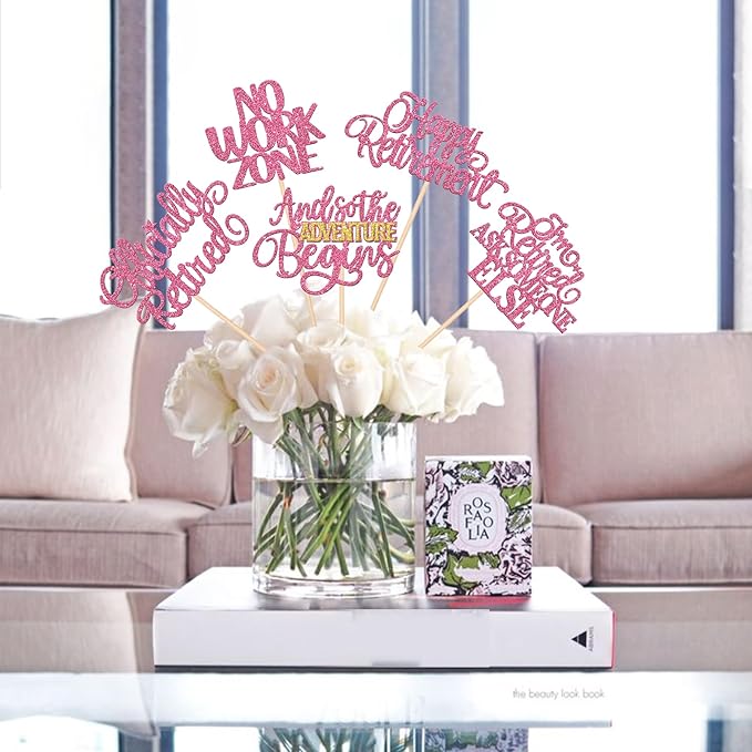 15 PCS Happy Retirement Centerpiece Sticks Officially Retired Table Flower Centerpieces Sticks No Work Zone Floral Decorations for Retirement Theme Farewell Birthday Party Centerpieces Supplies Pink