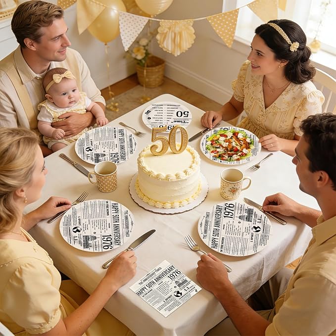 96Pcs 50th Anniversary Party Decor Vintage Back in 1976 Plates and Napkins Black White 50th Disposable Paper Tableware Set for Men Women Wedding Anniversary Birthday Party Supplies Serves 24