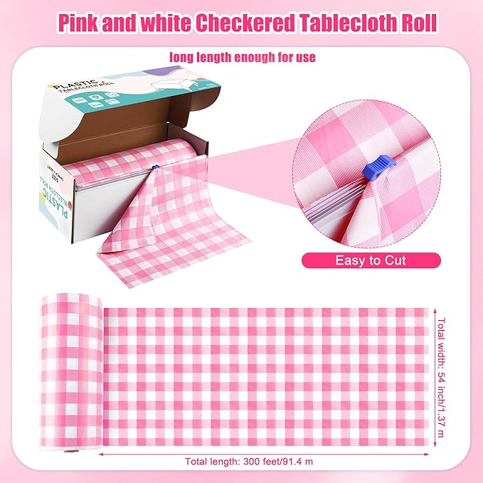 Kochorie 54 Inch x 300 Ft Light Pink Checkered Plastic Table Cloth Roll Disposable Waterproof Table Cover Plastic Table Cover Roll with Easy Slide Cutter for Outdoor Picnic/Home Dining/Spring Party