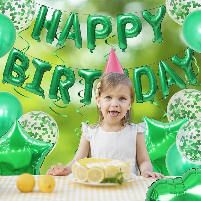 ZHENGYE Green Birthday Party Decorations Set Happy Birthday Balloons Banner Hanging Swirls Star Heart-shaped Latex Balloon for Women Men Children Birthday Party Decorations
