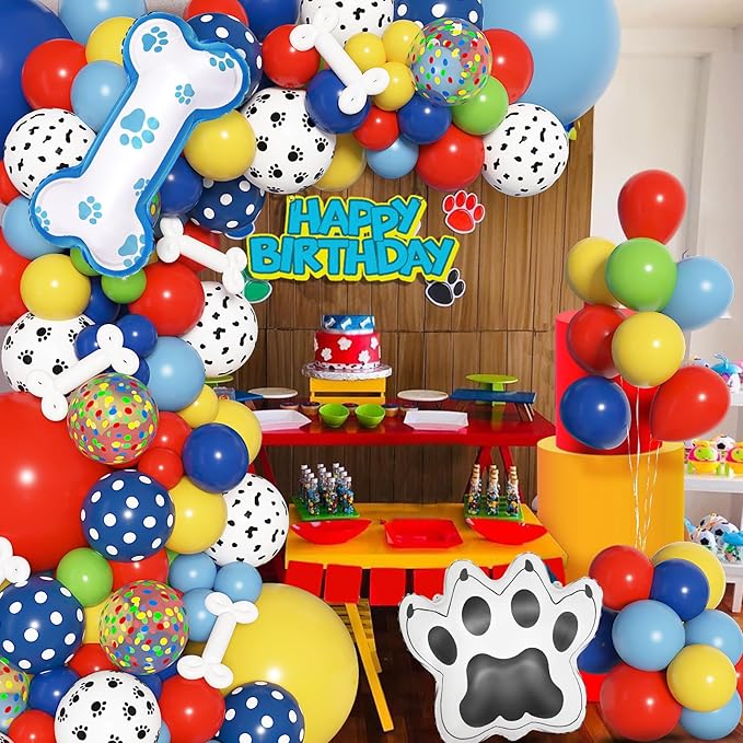Amandir 155pcs Paw Balloons Garland Arch Kit with Dog Bone Paw Print Foil Balloons, Red Yellow Blue Green Paw Balloon for Boy Paw Themed Birthday Party Decorations Supplies