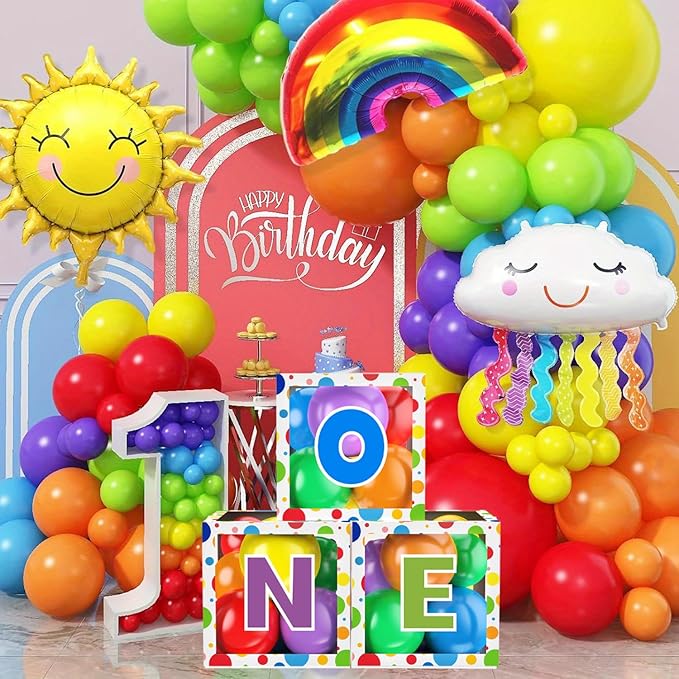 First Birthday Decorations for Boy Girls, ONE Balloon Boxes with Balloons, ONE Blocks for Baby 1st Birthday Backdrop, Cake Smash Photo Props (Round)