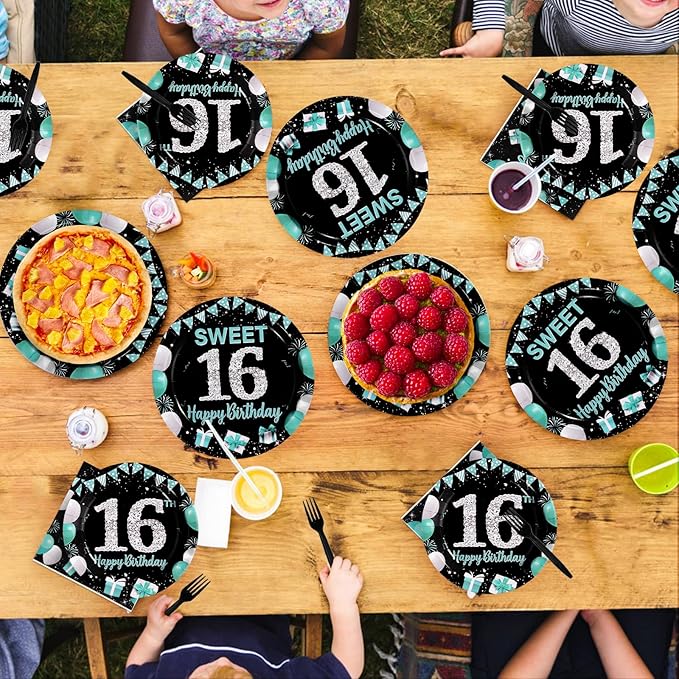 96Pcs 16th Birthday Party Supplies Teal Blue and Black Plates and Napkins Disposable Turquoise Sweet 16 Years Old Paper Tableware Set for Boys Girls 16th Birthday Party Decorations Serves 24