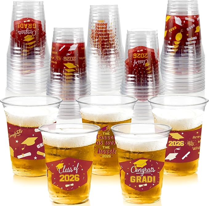 GuassLee Maroon Graduation Decorations 2026 Party Cups - 50pcs 12 Oz Maroon Disposable Graduation Plastic Clear Cups for Drinks Class of 2026 Grad Party Supplies