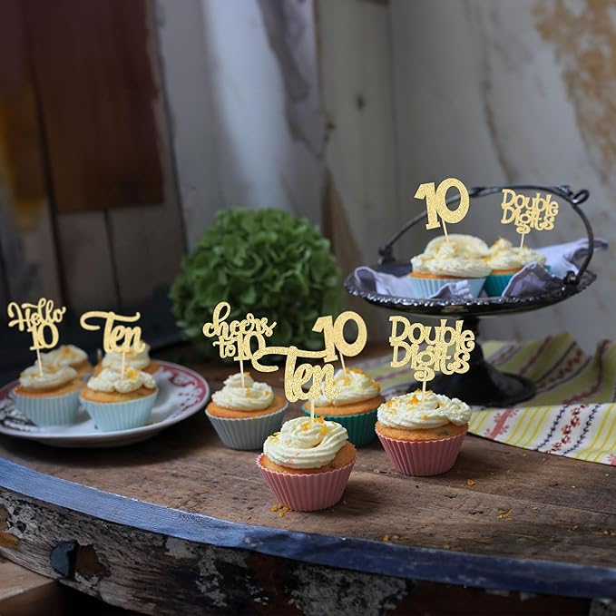30Pcs 10th Birthday Cupcake Toppers Ten Double Hello 10 Cupcake Picks Cheers to 10 Years Old Cake Decorations for 10th Birthday Party Supplies Gold Glitter