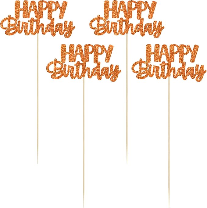 Gyufise 12Pcs Happy Birthday Centerpieces Sticks Double Sided Glitter Birthday Party Decorations Anniversary Table Flower Centerpiece for Celebrating Party Supplies Orange