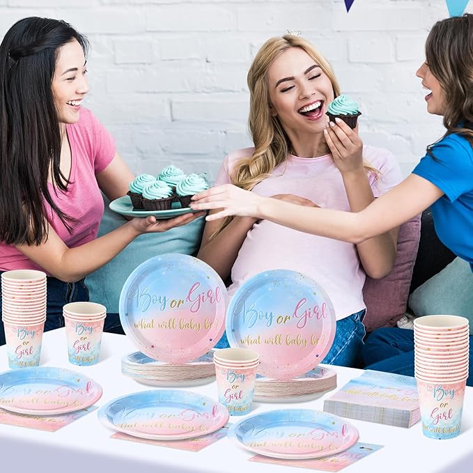 Hushee 200 Pcs Gender Reveal Baby Shower Paper Plates Napkins Cups Baby Shower Party Supplies Tableware Set Disposable Cup Napkin for 50 Guest Party Decoration