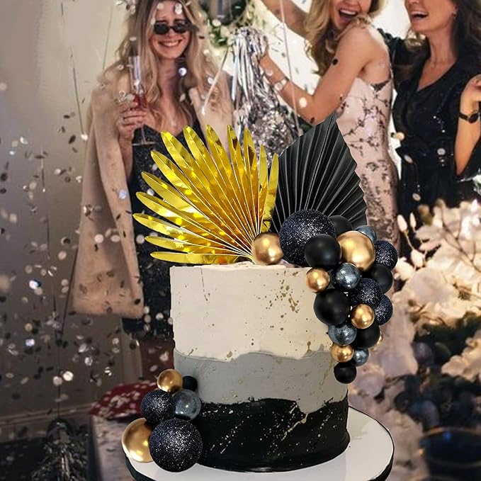 38 PCS Balls Cake Toppers Palm Leaves Cake Decorations for Birthday Wedding Baby Shower Party Supplies (Black)