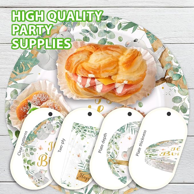 96Pcs Koala Birthday Party Decorations Koala Birthday Plates and Napkins Sets Safari Jungle Animal Australian Decorations for Baby Shower Birthday Zoo Junlge Animal Party Supplies Serves 24