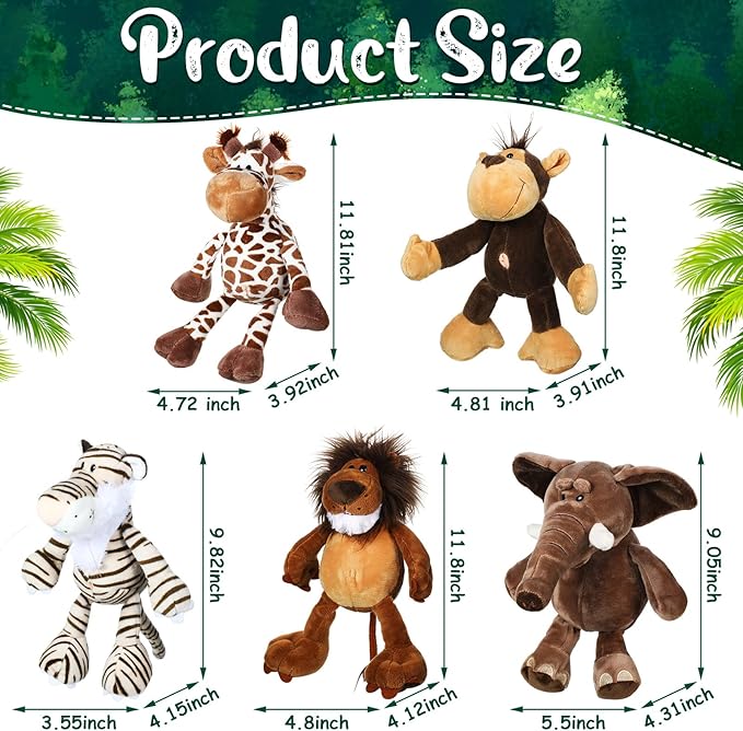 Zhanmai 6 Pieces Safari Stuffed Animals Plush Jungle Toys Set for Boys Girls, Lion Elephant Zebra Giraffe Tiger Monkey for Animal Themed Parties Student Party Decoration(Novel Style)