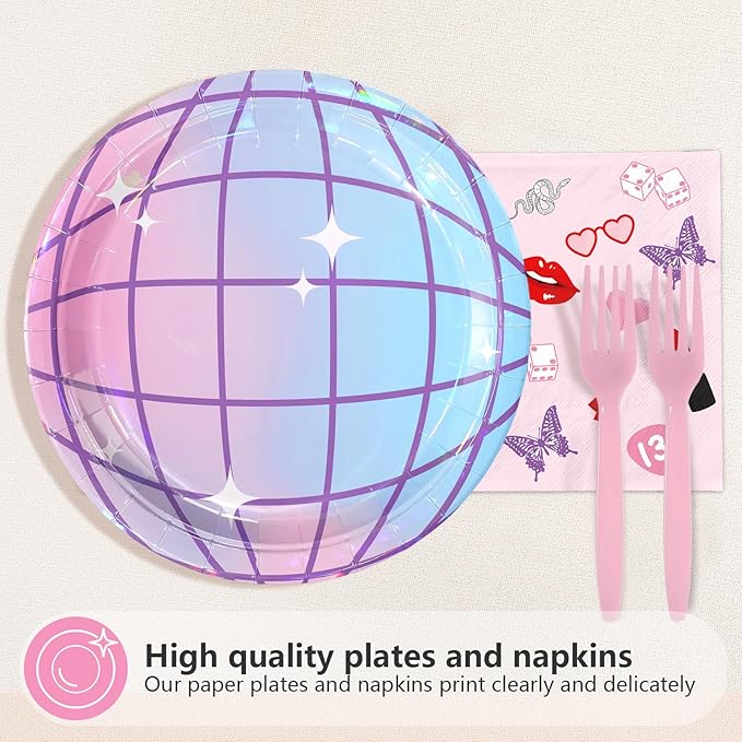 96Pcs In My Birthday Era Party Decorations Era's Birthday Singer Music Plates and Napkins Sets Iridescent Disco Music Friendship Decorations for Girls Women Bday Bachelorette Party Supplies Serves 24