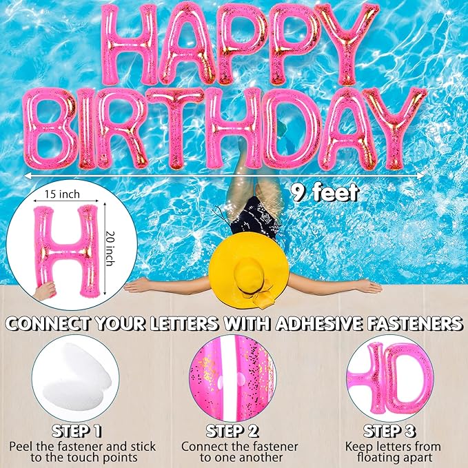 Shappy 20'' Happy Birthday Pool Large Floating Letter Balloons with Adhesive Dots Inflatable Pool Decorations for Summer Birthday Party
