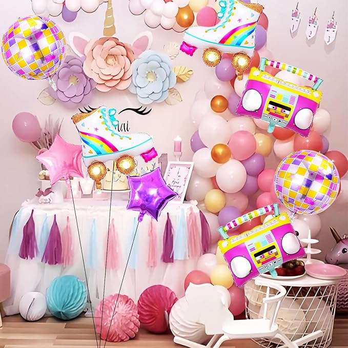 8 PCS Disco Balloons Radio Boombox Roller Skate Balloons for 80s 90s Theme Party Retro Disco Party Supplies Roller Dkate Party Decorations Retro Theme Hip Hop Birthday Party