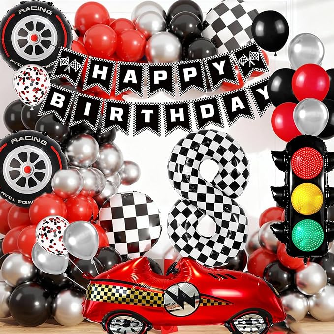 Race Car Birthday Party Decorations, with 40 Inch Number 8 Balloon, Happy Birthday Banner, Traffic Light and Foil Tire Balloon for 8th Car Themed Birthday Party Supplies