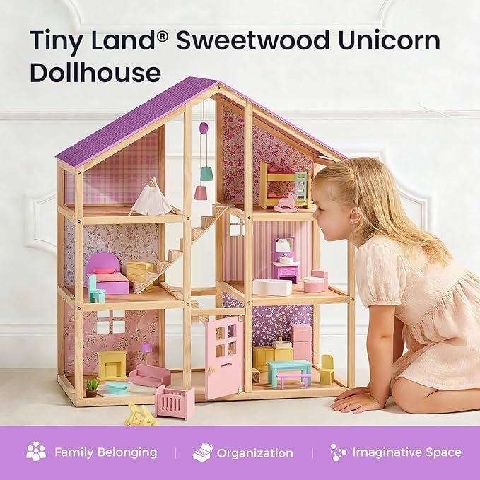 Tiny Land Wooden Dollhouse for Girls - 6 Rooms Wooden Doll House, DIY Pretend Doll House with 31Pcs Furniture Accessories, Creative Gift for Girl Ages 3+ (Unicorn Purple)
