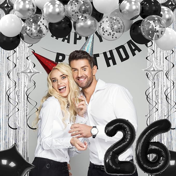 26th Birthday Decorations for Boys Girls, Silvery and Black Happy 26th Birthday Banner,Number 26 Balloons Arch Kit for 26 year old Birthday Party Decorations