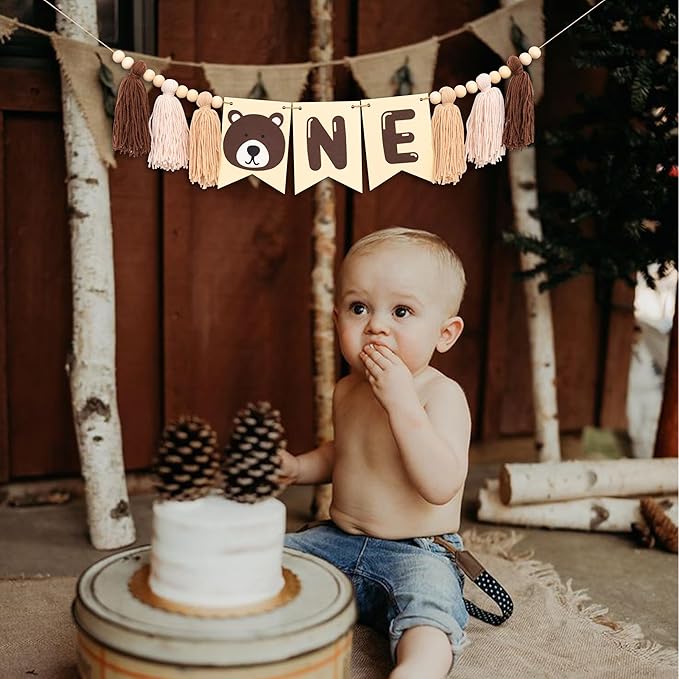 Gostman Bear One High Chair Banner - Beary First Birthday Party Decorations Banner,Happy Camper Party Highchair Banner for 1st Birthday,Camping Themed Party Decor (Bear Tassel Banner)