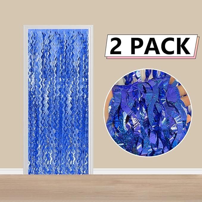 2 Pack Navy Blue Wavy Foil Fringe Curtains, 3.3x6.6 Ft Metallic Tinsel Wavy Backdrop Party Decorations Door Navy Blue Streamers for Birthday Wedding Engagement Decor,Party Supplies