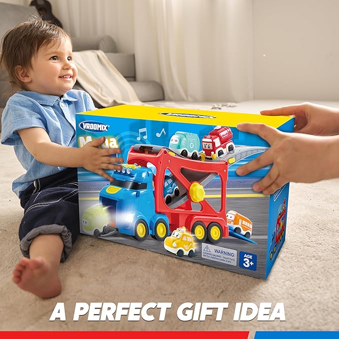 JOVA Extra Large Toy Trucks for Toddlers, 3-Layer City Trucks for Kids, 7-in-1 Big Transport Carrier Truck with Siren & Lights and 6 Toy Cars, Birthday Gifts for Boys