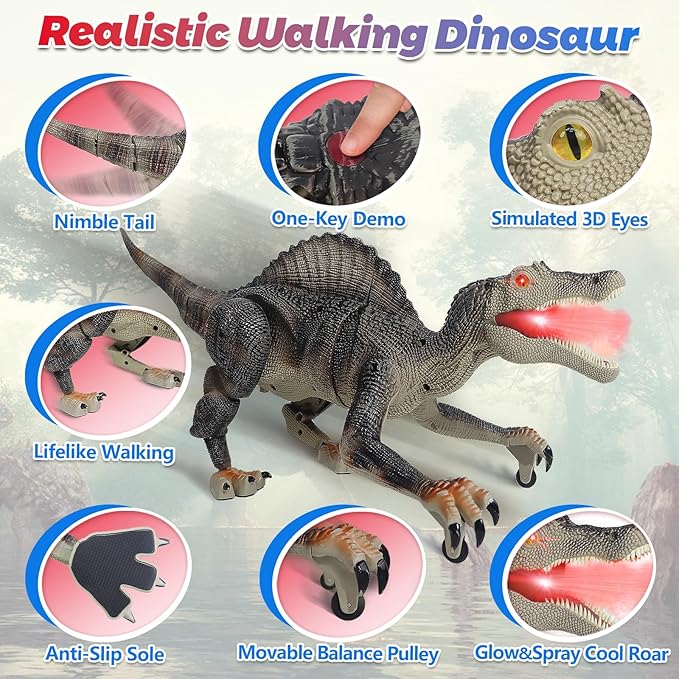 TALGIC- Remote Control Dinosaur Robot - Realistic Walking, Roaring, and Spraying Spinosaurus Toys - Light up and Shaking Head and Tail Robot Dinosaur for Kids Ages 3+