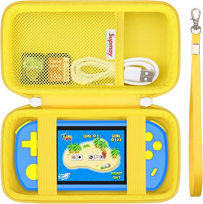 Supmay Carrying Case Compatible with CCTU / TEBIYOU Kids Handheld Games Preloaded 218 Retro Video Games, Portable Gaming Electronic Toys Storage Holder Travel Bag with Mesh Pocket for USB Cable,Yellow