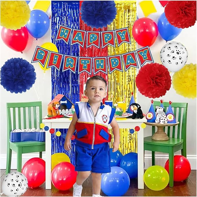 Paw Birthday Decorations, Dog Paw Birthday Party Supplies, Banner, Balloons, Foil Fringe Curtains, Paper Garland Pull Flower, Tissue Paper Pom Poms