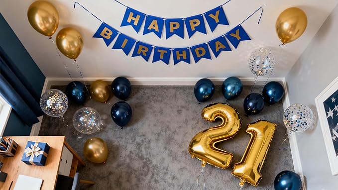 21st Birthday Party Decorations for Men, Navy Blue Gold Birthday Banner Number 21 Foil Balloons Metallic Latex Confetti Balloons for Men Him 21 Years Old Decoration (21st)