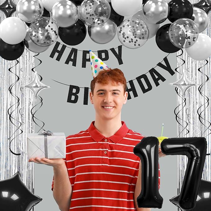 17th Birthday Decorations for Boys Girls, Silvery and Black Happy 17th Birthday Banner,Number 17 Balloons Arch Kit for 17 year old Birthday Party Decorations
