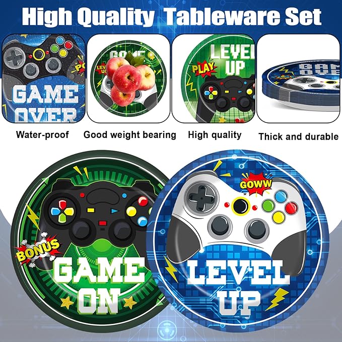 60PCS Video Game Birthday Party Plates Blue Green Gamer Disposable Paper Dessert Plates for Video Gaming Birthday Decorations Gaming Party Tableware Set for Boys Kids Game on Theme Parties Supplies