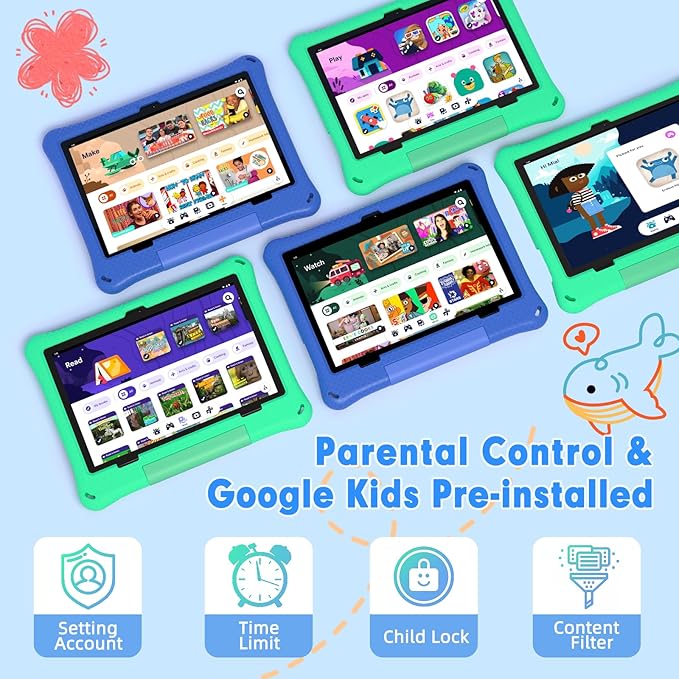 Kids Tablet: 10 Inch Android 15 Tablet for Kids, 64GB Octa-Core 6000mAh Battery, WiFi 6, Pre-Installed Kids Apps, Parental Control with EVA Protective Case – Ideal Gift for Toddler, Blue