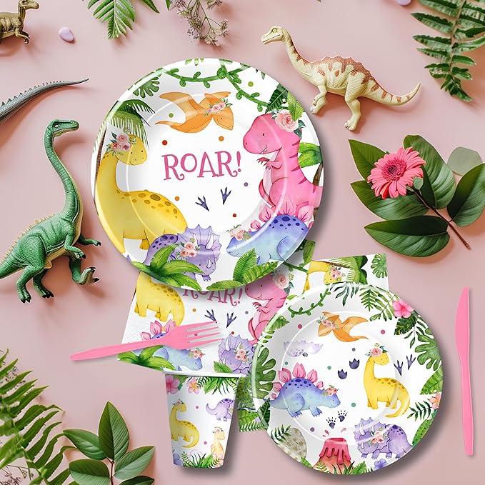 Dinosaur Party Decorations Tableware For Girl Birthday Baby Shower, Pink Dino Dinosaur Birthday Party Supplies, Paper Plate, Cup, Napkin, Disposable Fork , 24 Guests