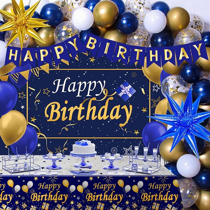 Gold and Blue Birthday Decorations for Men Boys Women Girls, 80pcs Blue and Gold Party Decorations Happy Birthday Backdrop Banner White Confetti Star Balloons Arch Tablecloth Party Supplies