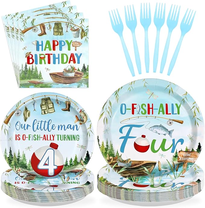 96Pcs Fishing 4th Birthday Party Decorations Gone Fishing Four Paper Plates and Napkins Ofishally Four Disposable Tableware Set for Fisherman Baby Shower 4th Birthday Party Supplies, Serves 24