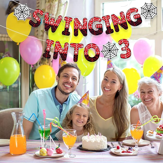 TaoBary Spider Theme 3rd Birthday Banner, Pre-strung Swinging into 3 Banner, Spider 3rd Birthday Decorations Party Supplies for Kids, Third Decor for 3 Year Old Boys Girls(Black and Red)