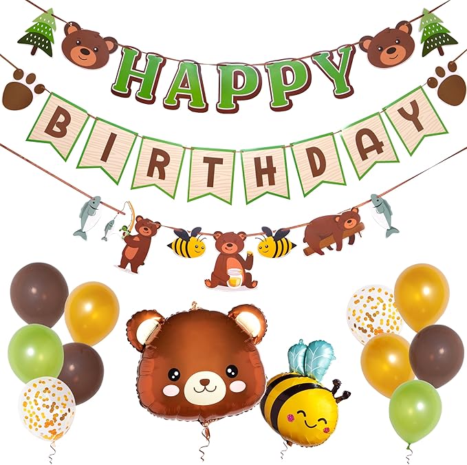 Pirese Teddy Bear Birthday Decorations – Beary First Party Supplies for Boys or Girls, Cute Garland and Bear Theme Decor for 1st Birthday, Baby Shower and Kids’ Party with Balloons
