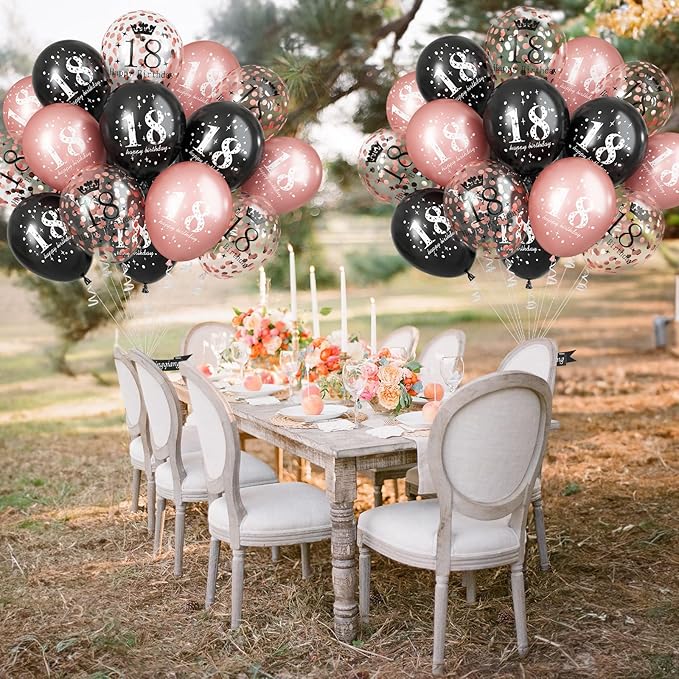Rose Gold Black 18th Birthday Decorations for Girls, 15Pcs Happy 18th Birthday Helium Latex Balloons, Black Rose Gold Confetti 18th Balloons for Girls Age 18 Years Old Birthday Party Decor Supplies