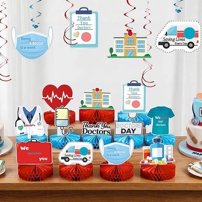 36 Pcs Doctor's Day Appreciation Decoration Thank You Doctor Table Honeycomb Centerpieces Appreciate Hanging Swirls Banner for National Doctors' Day Medical Students Party Supplies